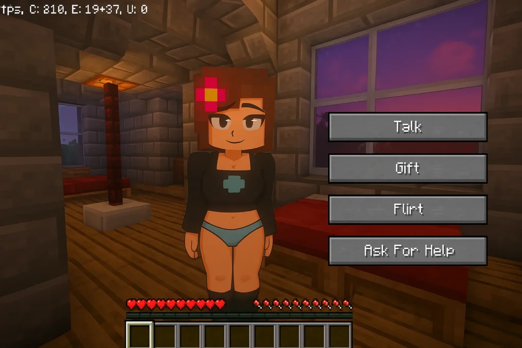Jenny Mod installation guide screenshot showing Jenny character with pink flower in Minecraft, interaction options, from jennymodlatest.com